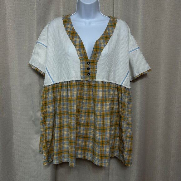 Pol Pullover Short Sleeve Tunic Top Women's Size Small Plaid Bottom NWT - Picture 1 of 9